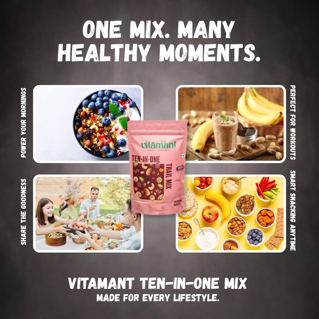Vitamant 10-in-1 Trail Mix | Premium Mixed Dry Fruits, Nuts & Seeds | Healthy Snack | No Added Sugar | Source of Protein & Fibre | 400g