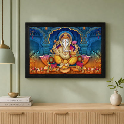Wood Xtore Lotus Ganesha Art Framed Religious Painting, Ready to Hang (12inch x 18 inch, Multicolor)