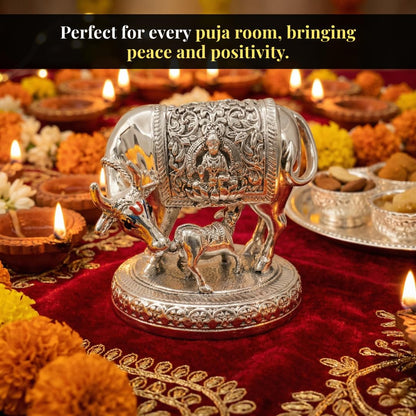 Dev Aastha 999 Pure Silver Plated Kamdhenu Cow Idol | 2.5 inch Vastu Home Decor for Pooja Room & Mandir | Symbol of Prosperity & Abundance | Ideal Religious & Spiritual Gift