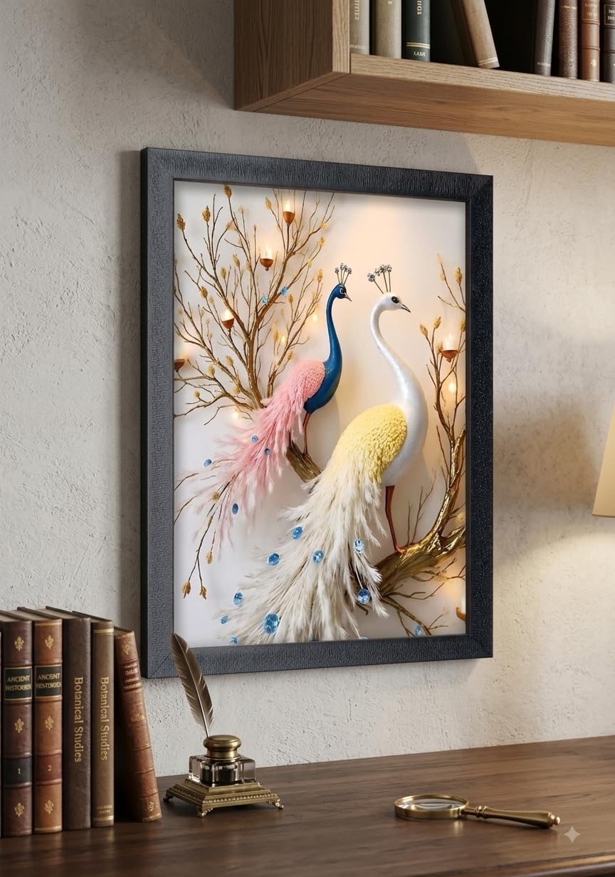 2 peacock Bird Love Painting Hanging Photo Frame Decorative Item for Living Room, Bedroom, Home Decor and Wall Decoration, Paper, With Acrylic Glass SIZE 9 ×12 INCH