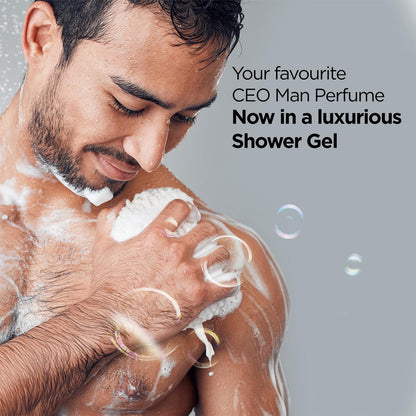 Man applying shower gel with text about a luxurious shower gel product.
