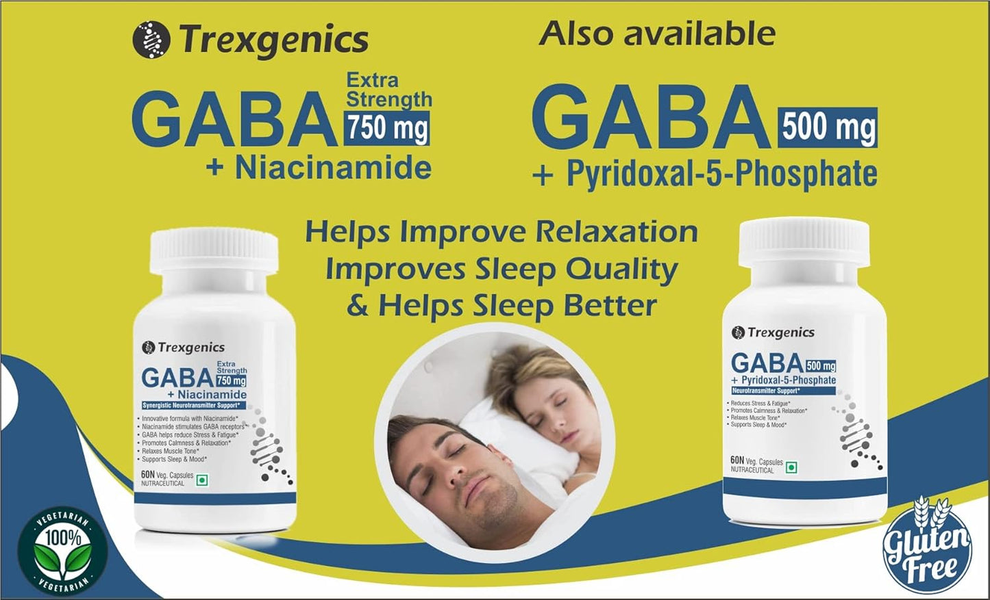 Trexegenics GABA supplement advertisement with two bottles and a sleep aid image on a yellow background.