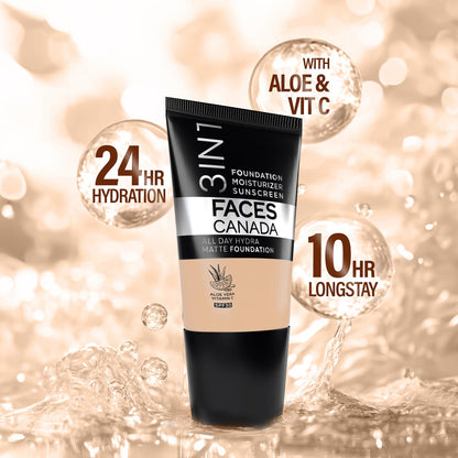 FACESCANADA Cream All Day Hydra Matte Foundation - Mini|3in1 Foundation + Moisturizer + SPF 30|24 HR Aloe Hydration & Vitamin C| 10HR Wear | Medium to High Buildable Coverage | Medium Natural (18 ml)