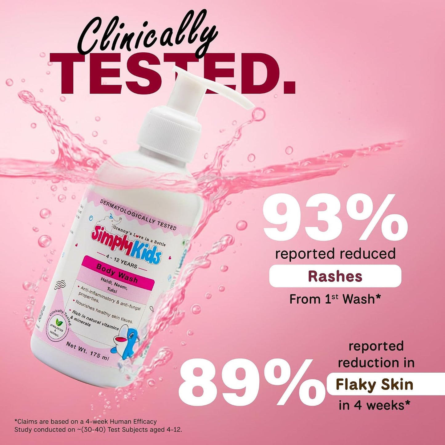 Simply Kids Body Wash for 4-12 Years | Aloe Vera, Grapeseed & Neem | Gentle, Hydrating & Nourishing | Soothes & Protects Skin | Hypoallergenic | Antibacterial & Antifungal | Dermatologically Tested | All Skin Types | 175ml