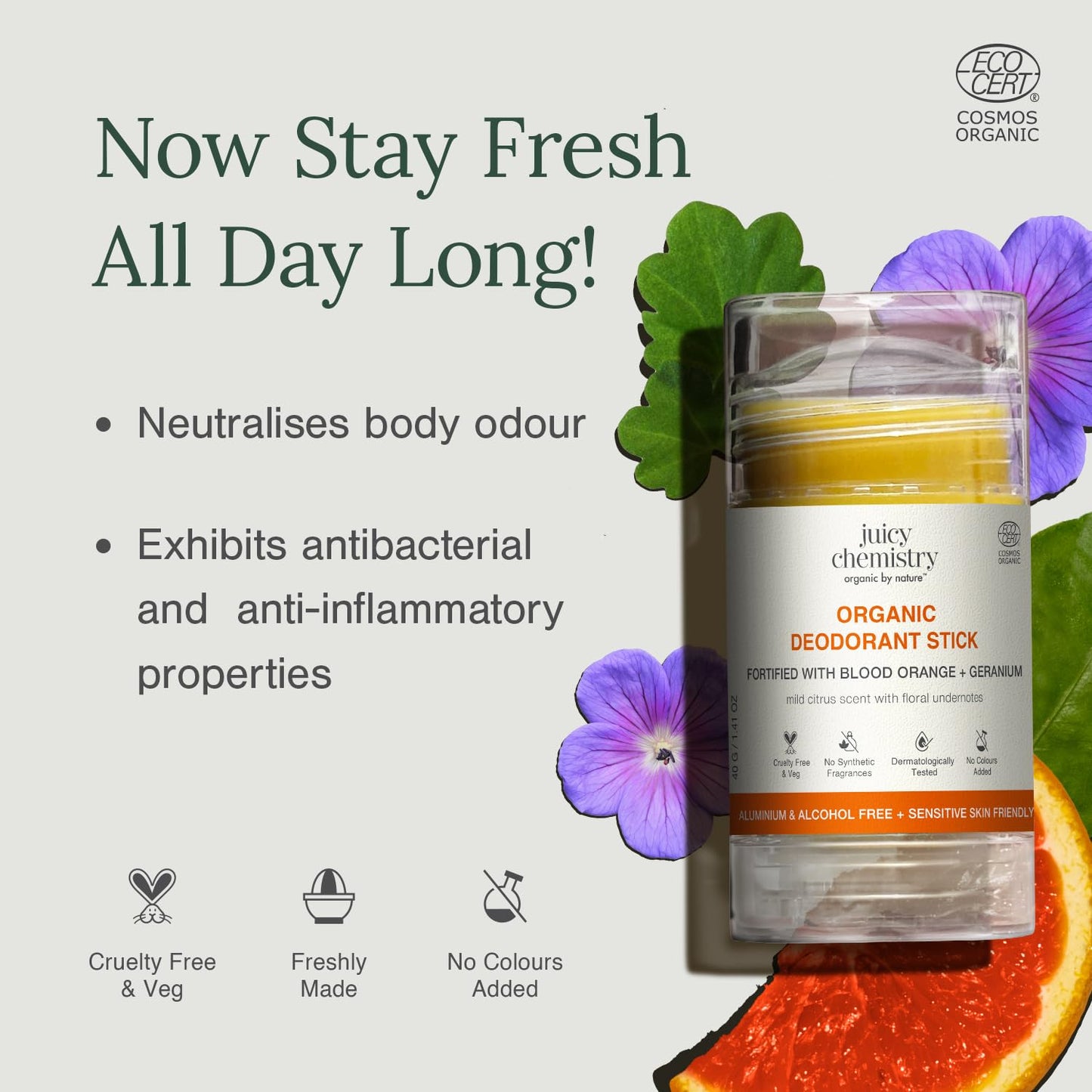 Juicy Chemistry Organic Deodorant Stick with Blood Orange & Geranium, 40g | Long-Lasting Odour Protection | Underarm Brightening | Neutralises Body Odour | Cruelty Free & Vegan | Dermatologically Tested