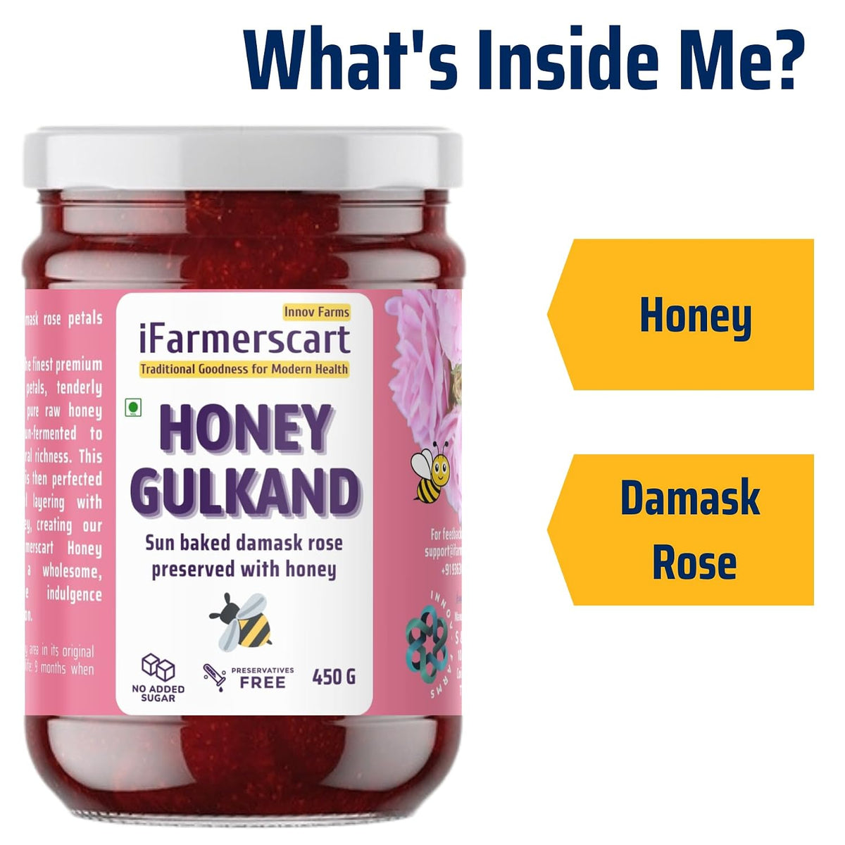 iFarmerscart Honey Gulkand | Fiber Rich | No Added Sugar | No Artificial Flavors | Sun Baked Pure & Fresh Damask Rose Petal Jam | Handcrafted | Potassium, Calcium, Magnesium and and Antioxidants Rich | Better Digestion | No Added Sugar Jam