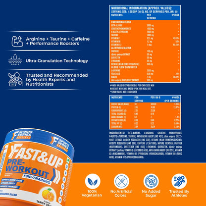 Fast&Up pre-workout supplement packaging with nutritional information and product details on a blue and orange background.