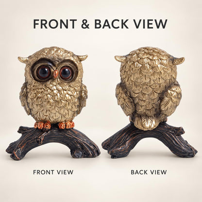 Owl Figurine on Natural Wood-Look Log Base Resin Decorative Showpiece for Home & Office Décor (Gold & Black, Small)