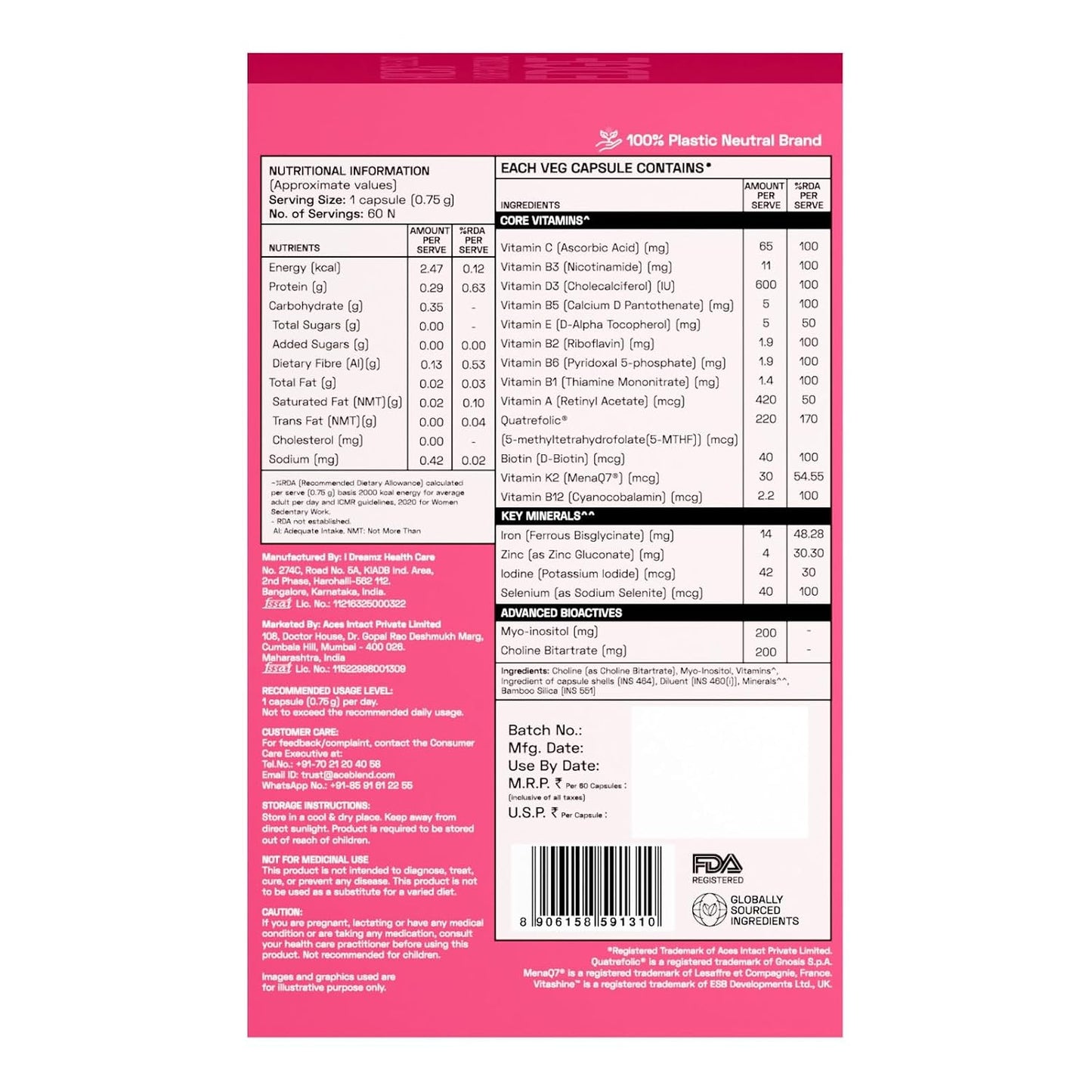 Ace Blend Multivitamin Capsules for Women | Pack of 60 | With Iron & Methylated Multivitamin | 19 Essential Nutrients with Quatrefolic, MenaQ7 K2 & Vitashine D3 | Supports Hormonal Balance & Immunity