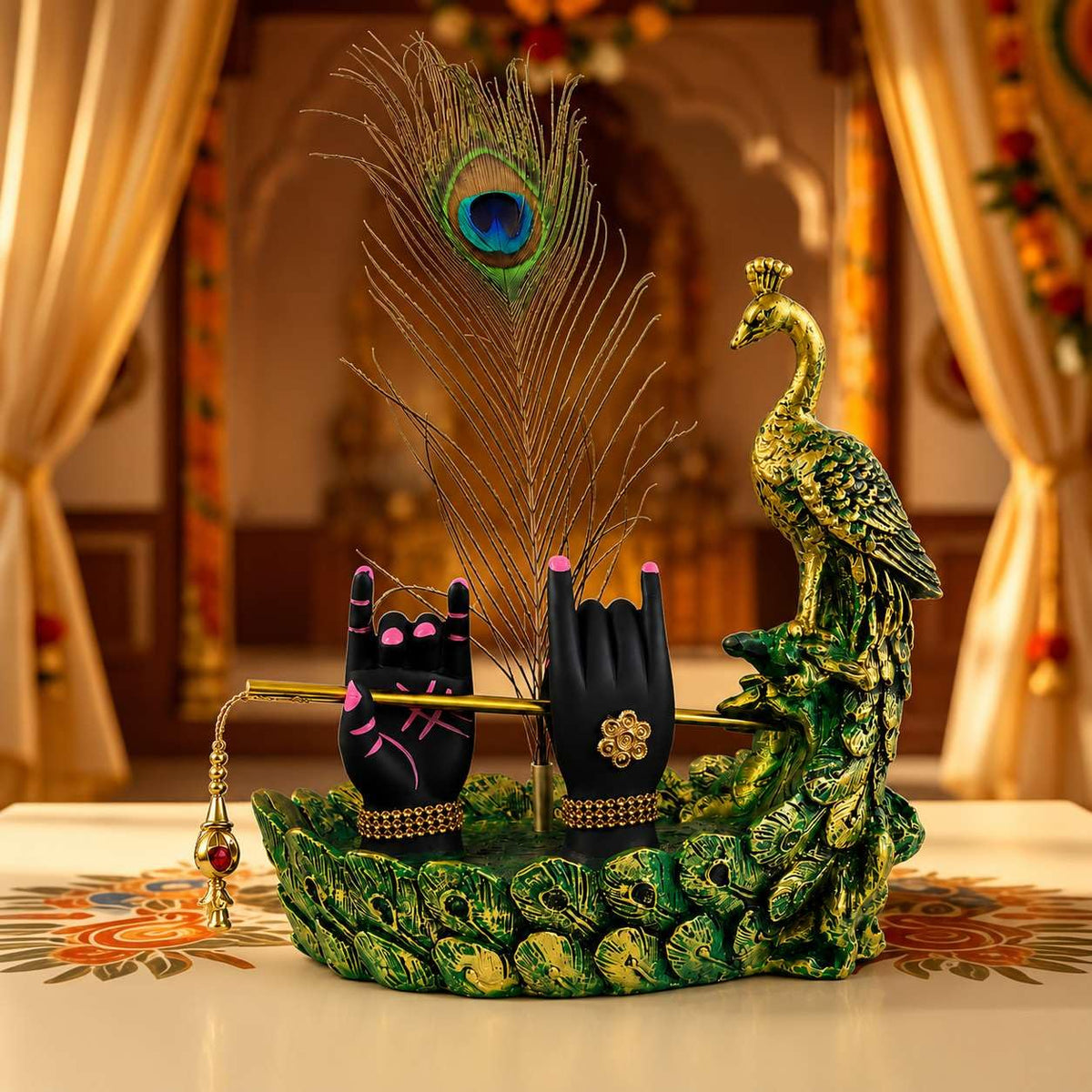 Krishna Hand Mor Pankh Showpiece for Home Decor, Lord Krishna Decorative Statue with Peacock Feather & Flute Design, Spiritual Idol for Living Room, Pooja & Gifting (Green, 22cm)