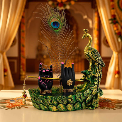 Krishna Hand Mor Pankh Showpiece for Home Decor, Lord Krishna Decorative Statue with Peacock Feather & Flute Design, Spiritual Idol for Living Room, Pooja & Gifting (Green, 22cm)