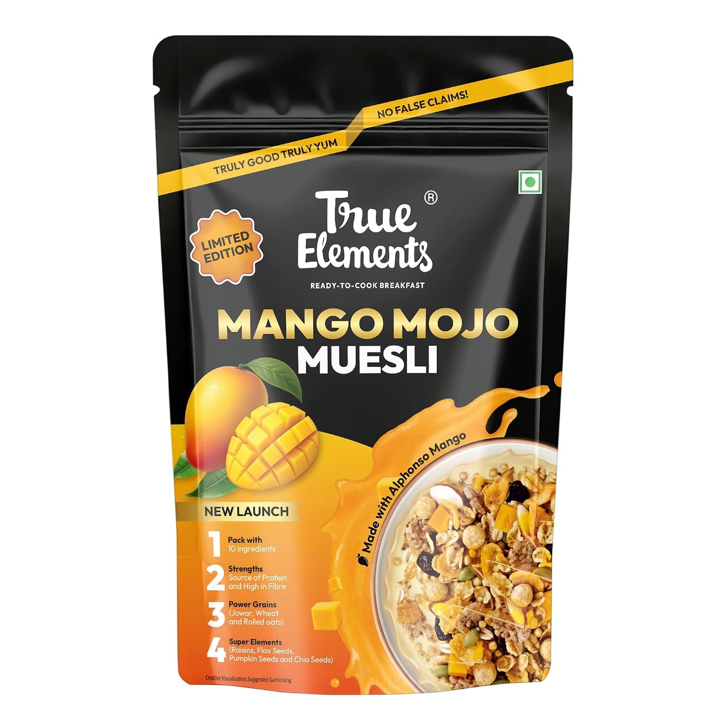 True Elements Mango Mojo Muesli 350 g with Alphonso Mango | Healthy Breakfast Cereal | High Fiber, Protein Rich | Rolled Oats, Seeds & Grains | No Added False Claims | Limited Edition
