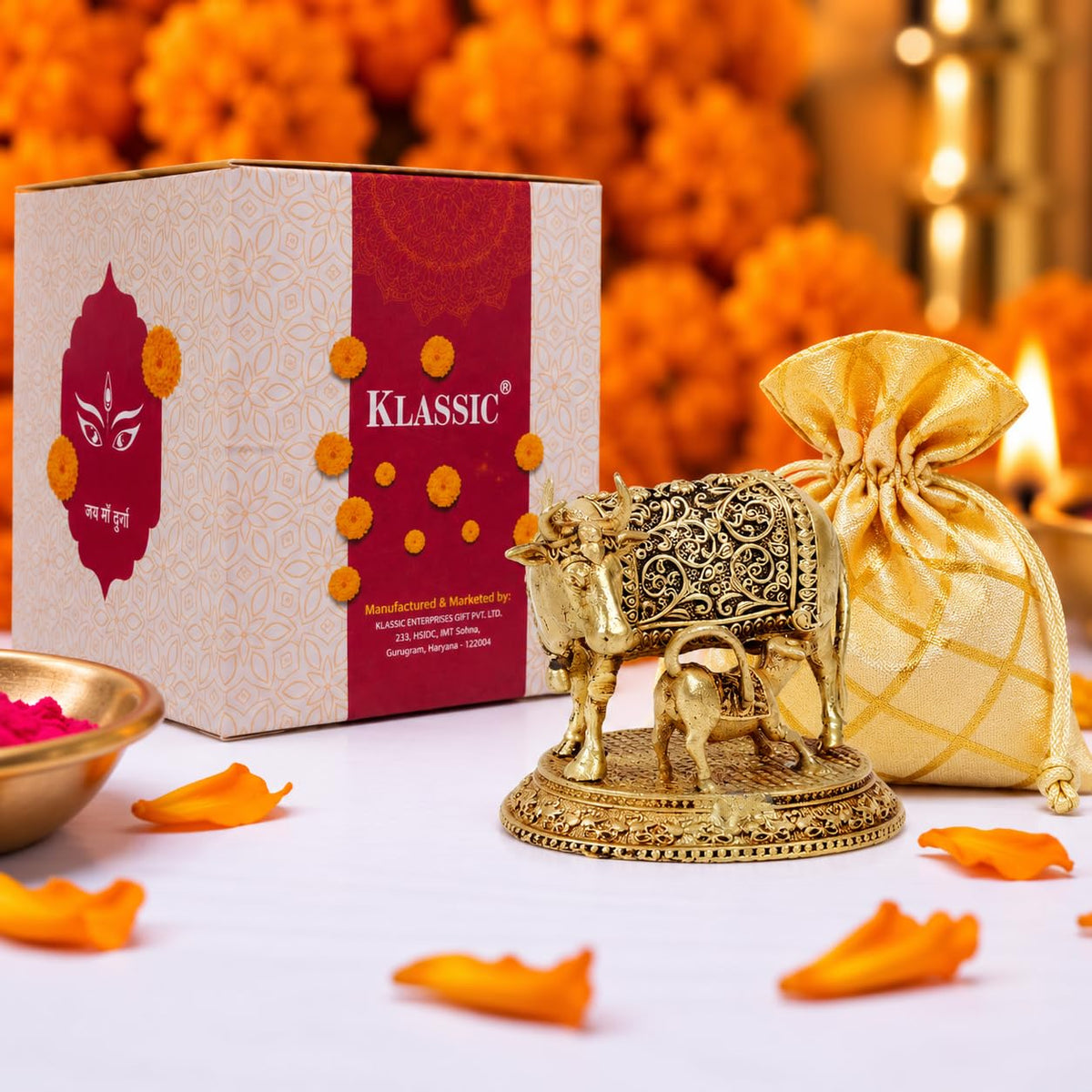 Brass Kamdhenu Cow with Calf Statue 2.2 Inch | Religious Gau MATA Idol for Mandir, Pooja, Home Temple, Vastu, Office Desk & Decorative Spiritual Gift (Pack of 1)