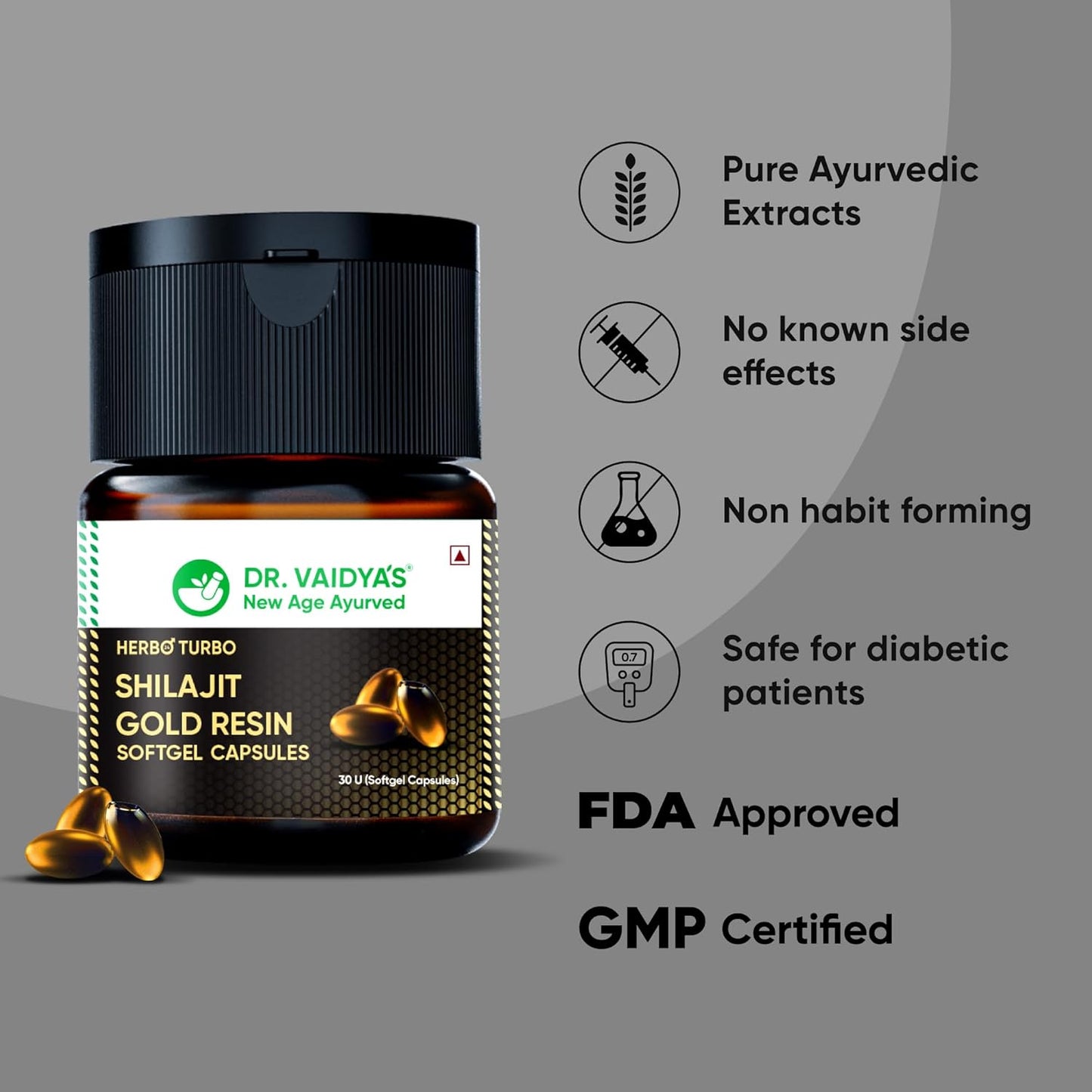 Dr. Vaidya's Herbo24Turbo Shilajit Gold Resin Softgel Capsules | 30 Ayurvedic Capsules for Strength, Stamina & Energy in Men | Enriched with Pure Shilajit for Men & 24K Gold Bhasma