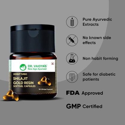 Dr. Vaidya's Herbo24Turbo Shilajit Gold Resin Softgel Capsules | 30 Ayurvedic Capsules for Strength, Stamina & Energy in Men | Enriched with Pure Shilajit for Men & 24K Gold Bhasma