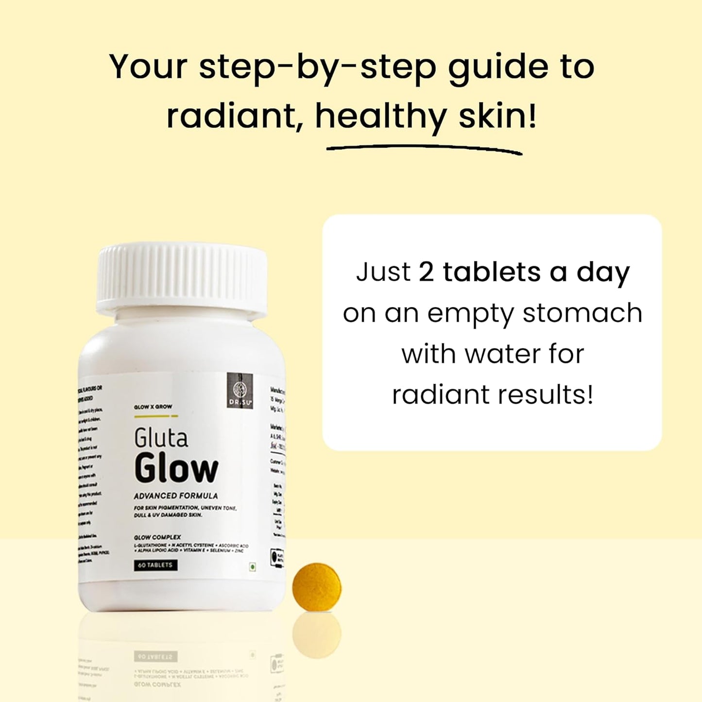 Dr. Su Gluta Glow Supplement | 500mg L-Glutathione with Vitamin C, E, Zinc, Selenium & NAC | For Pigmentation, Dull & UV-Damaged Skin | 2 Tablets/Day | 60 Capsules | Unisex | Skin Radiance Support