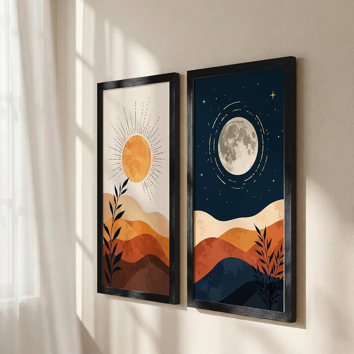 Minimalist Sun Moon Wall Art Set of 2 Framed Prints, Abstract Mountain Landscape Posters, Boho Neutral Scandinavian Nature Decor for Living Room, Bedroom & Office, 10x19 Inch Wooden Frames