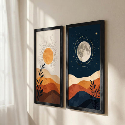 Minimalist Sun Moon Wall Art Set of 2 Framed Prints, Abstract Mountain Landscape Posters, Boho Neutral Scandinavian Nature Decor for Living Room, Bedroom & Office, 10x19 Inch Wooden Frames