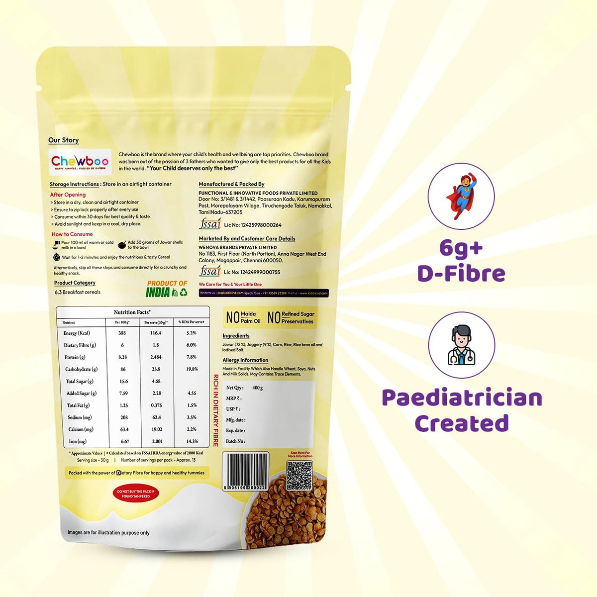 Chewboo Jowar Millet Shells for Kids | Light & Gut-Friendly Fibre Cereal | 72% Jowar & Jaggery | No Refined Sugar | Crunchy Healthy Snack | 400g