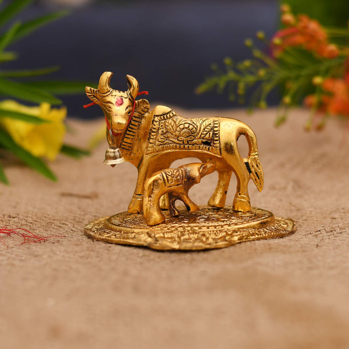 Kamdhenu Cow with Calf Metal Statue Figurine Decorative Gift Item Showpiece for Home Decor - Diwali Decorations Religious Items for Home (Set of 1), Golden, Figures;People;Religion