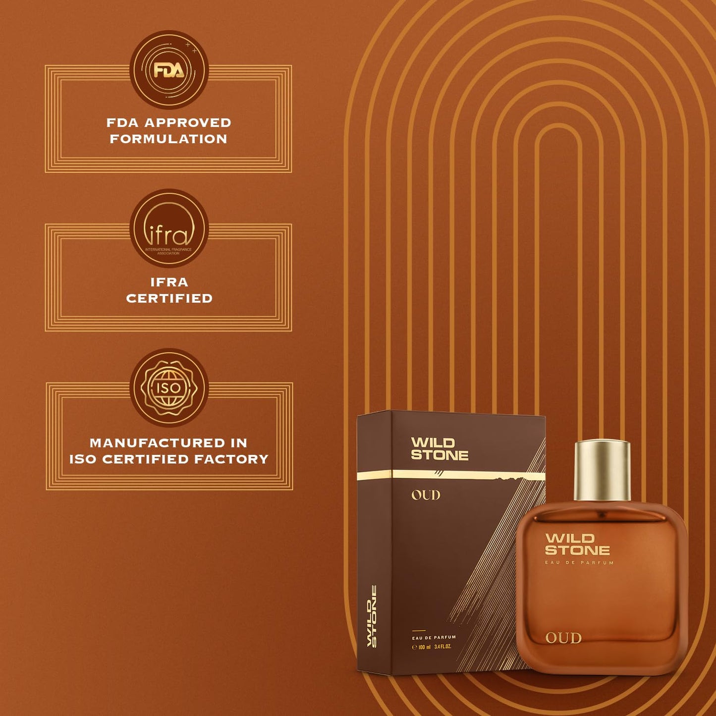 Wild Stone Oud perfume bottle and packaging on a brown background with certification logos.