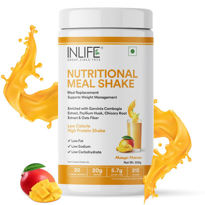 INLIFE Meal Replacement Shake | Nutritional Meal Protein Shake | Sugar Free, 20g Protein, 5g Fiber, 207 Calories, 500g (Mango)