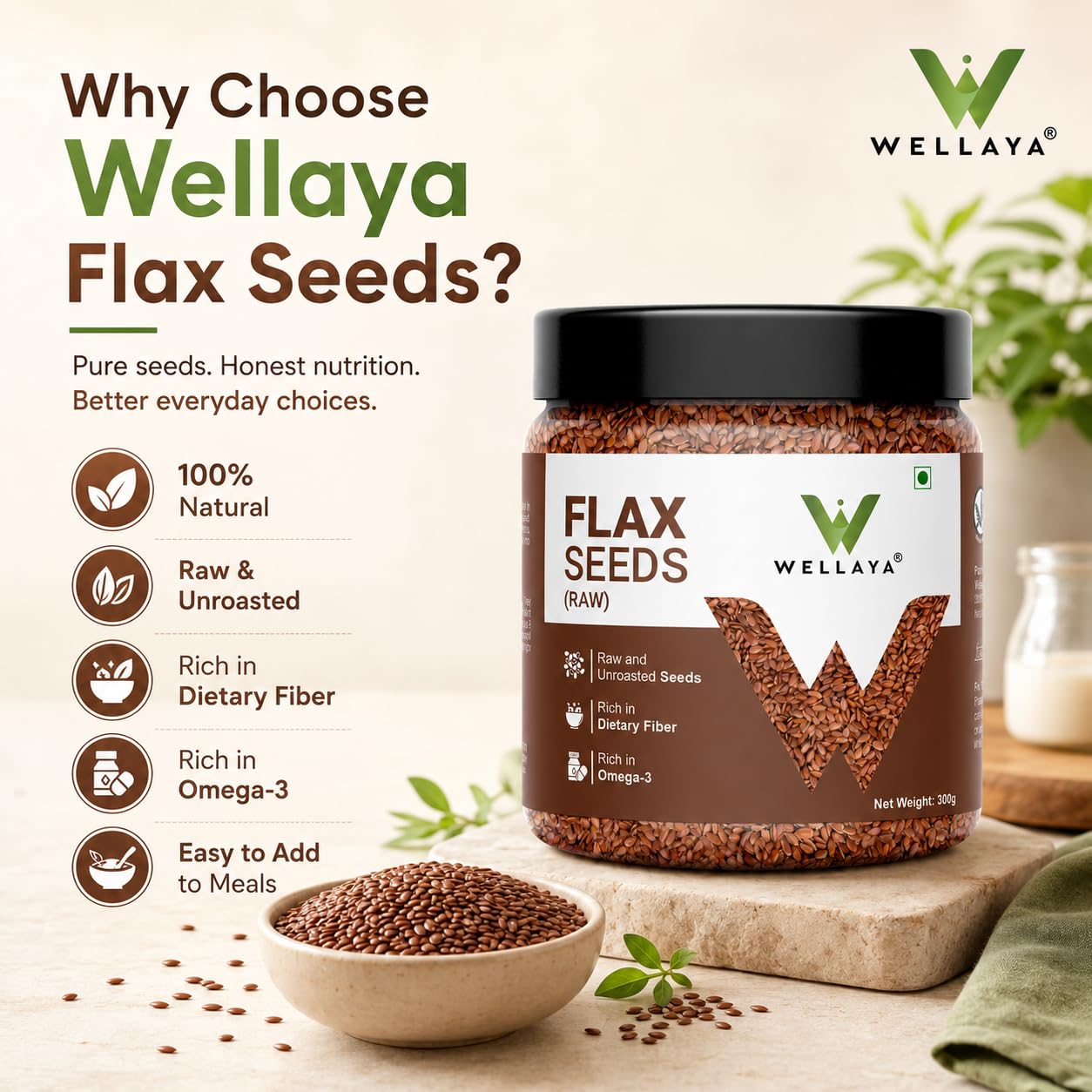 WELLAYA Flax Seeds - Alsi Seeds | Rich Protein Healthy Raw Seeds for Eating | Source of Iron & Dietary Fibre | Vegan Superfood for Wellness