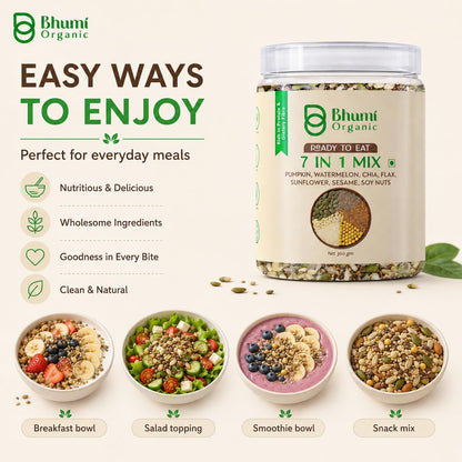 Bhumi Organic 7 in 1 Seeds Mix 300g | Pumpkin, Watermelon, Sunflower, Flax, Chia, Sesame & Soynuts, Edible Seeds, Healthy Diet Snacks, 100% Natural