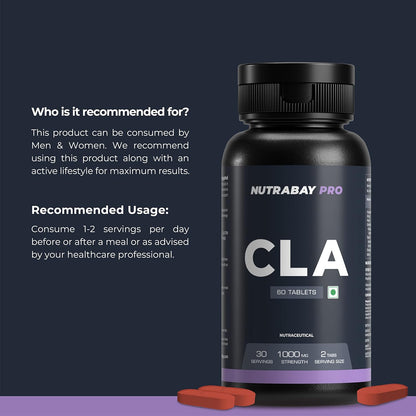 Nutrabay Pro CLA supplement bottle with text on a dark background