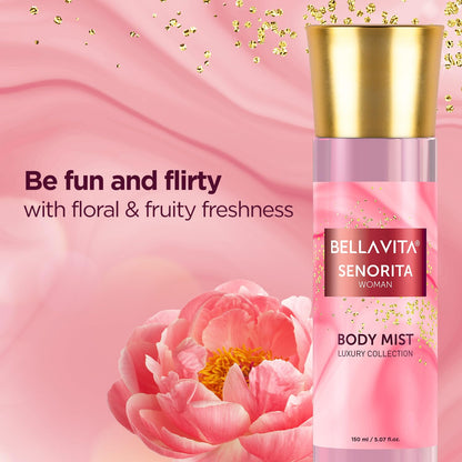 Bella Vita Luxury Senorita Women Body Spray Mist Perfume for Refreshing Floral & pomegranate Long Lasting Fragrance with Mint, 150 Ml