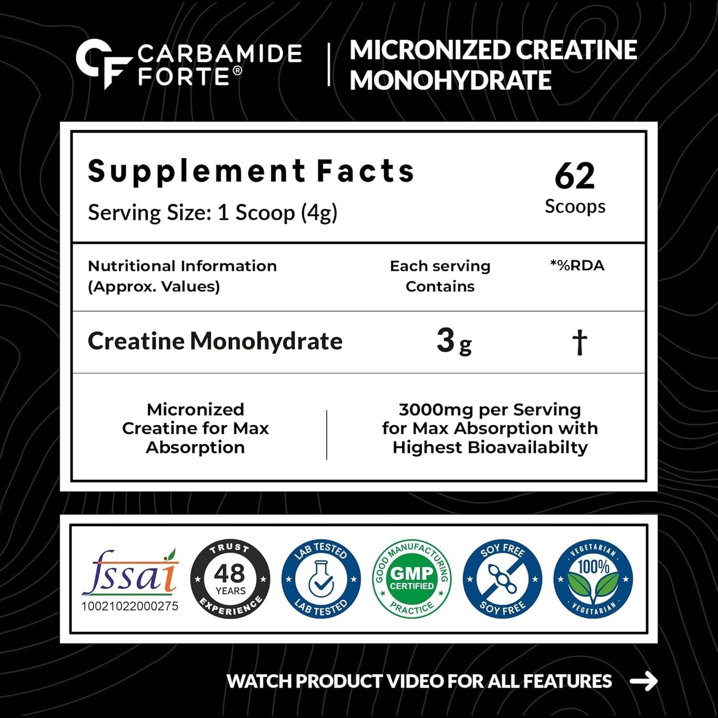 Supplement label for Carbamide Forte Micronized Creatine Monohydrate on a black background