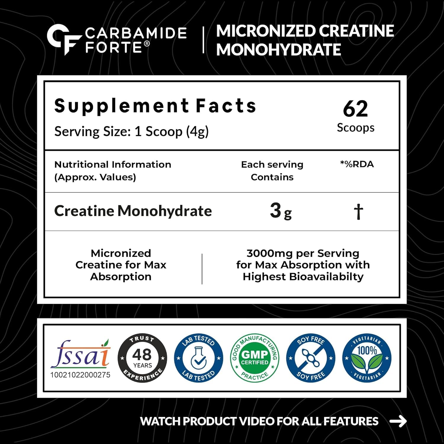 Supplement label for Carbamide Forte Micronized Creatine Monohydrate on a black background