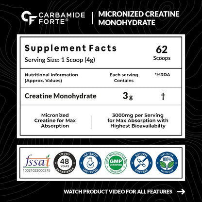 Supplement label for Carbamide Forte Micronized Creatine Monohydrate on a black background