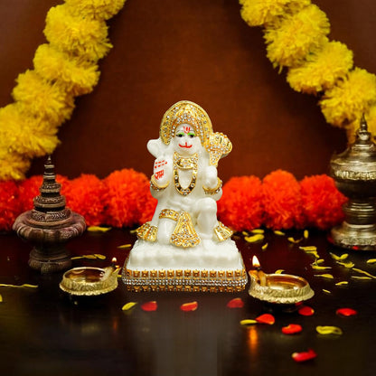 Marble Dust Hanuman Ji Murti for Home Puja (5 inch) | Jewellery Embellished Lord Hanuman Idol for Home Decor | Resin Bajrangbali Murti for Puja Room | Bahubali Hanuman Idol with Gada for Gift