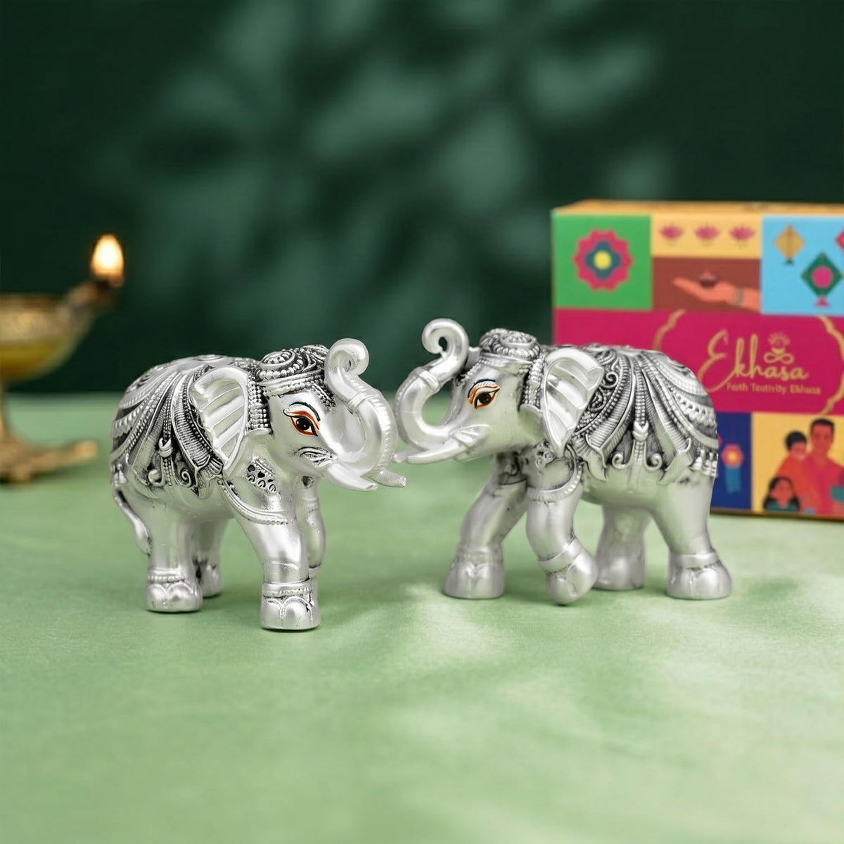 999 Pure Silver Plated Elephant Pair Showpiece with Gift Box | Silver Idol Set Home Decor Office Desk | Good Luck Feng Shui Vastu Animal Pair Religious Housewarming Griha Pravesh Gift