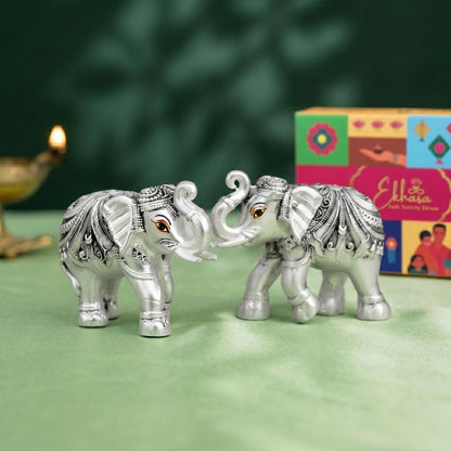 999 Pure Silver Plated Elephant Pair Showpiece with Gift Box | Silver Idol Set Home Decor Office Desk | Good Luck Feng Shui Vastu Animal Pair Religious Housewarming Griha Pravesh Gift