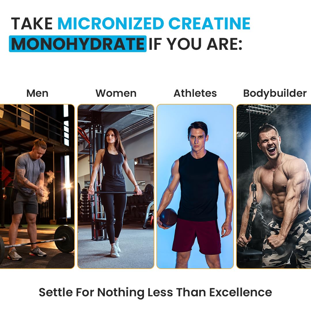 Advertisement for micronized creatine monohydrate highlighting target groups like men, women, athletes, and bodybuilders.