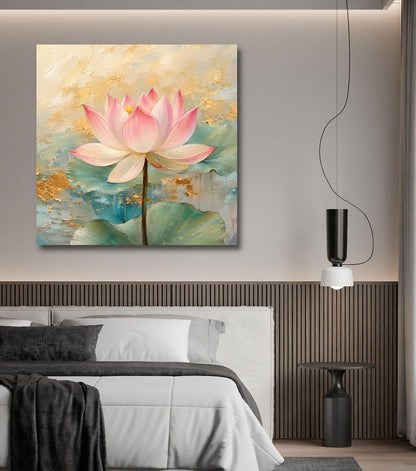 Lotus Flower Painting for Wall Vastu (15+ DESIGNS) Framed Lotus Canvas Painting for Living Room, Bedroom | Nature Floral Wall Art with Multiple Design Variations (Light Pink Lotus, 18x18 Inch, Framed)