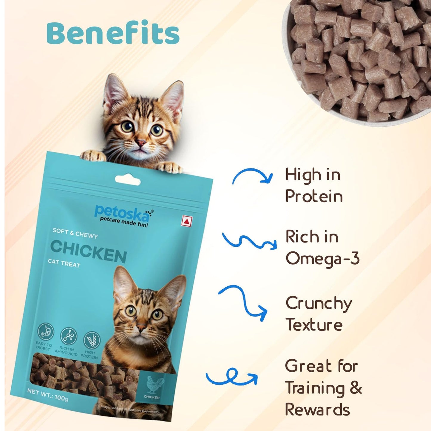 Petoska Chicken Cat Treats –100g | Air-Dried Real Chicken Bites with Taurine & Omega-3 | Chewy High-Protein Snack to Support Immunity, Weight Control & Overall Wellbeing | Kittens & Adult Cats