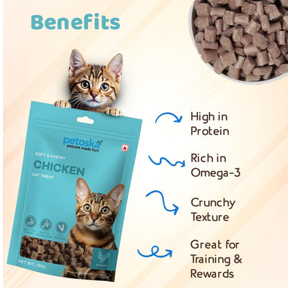 Petoska Chicken Cat Treats –100g | Air-Dried Real Chicken Bites with Taurine & Omega-3 | Chewy High-Protein Snack to Support Immunity, Weight Control & Overall Wellbeing | Kittens & Adult Cats