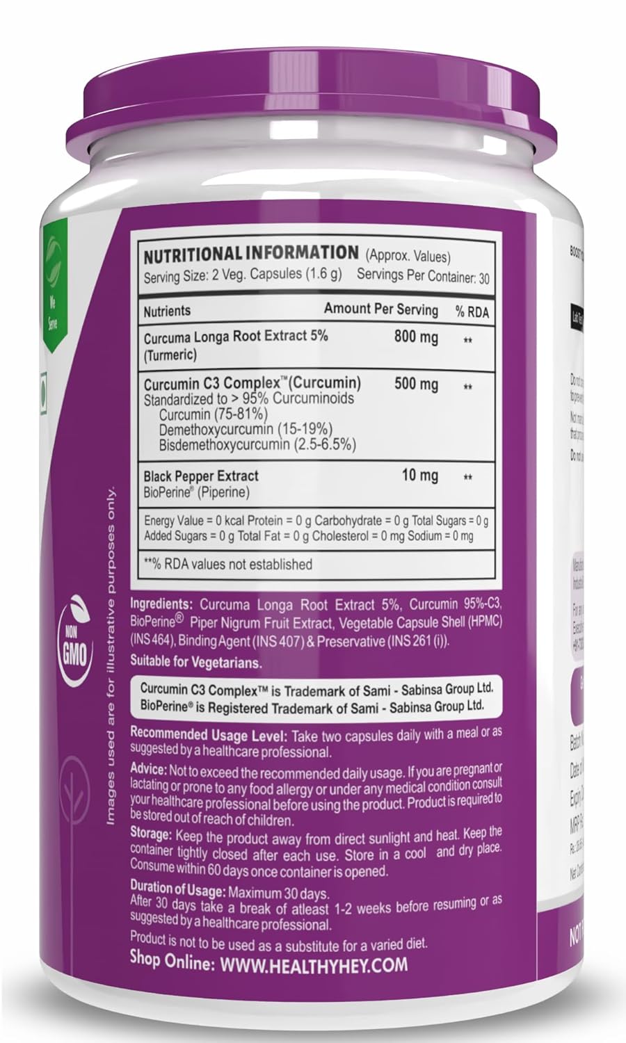 Supplement container with purple label and nutritional information