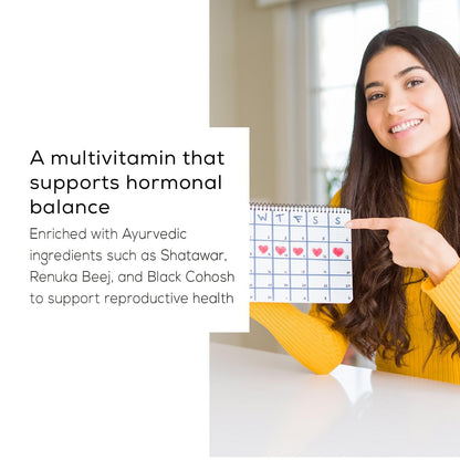 Woman pointing to a calendar with text about a multivitamin supporting hormonal balance.