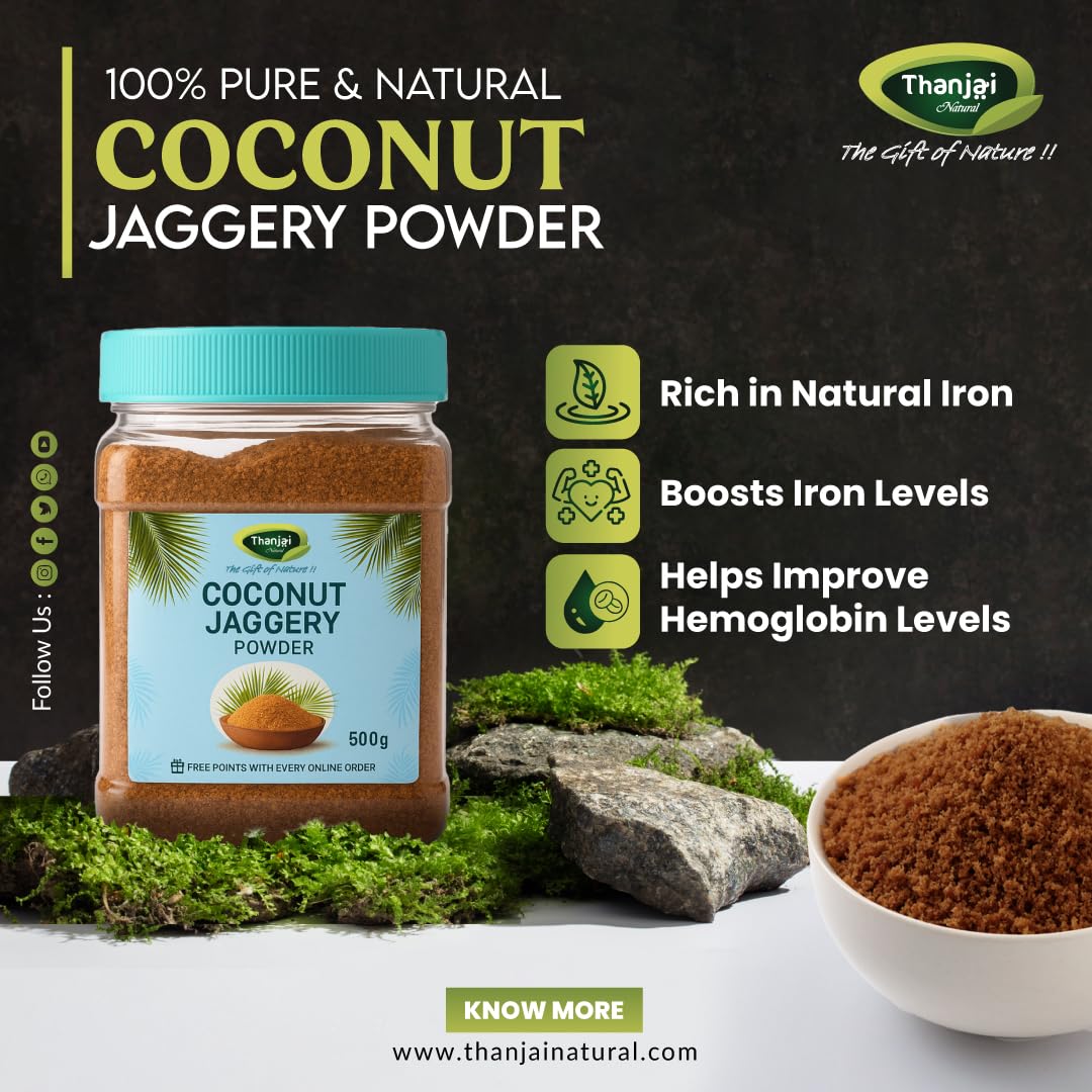 Thanjai Natural Coconut Jaggery Powder Unrefined | Organic - 100% Pure | No Preservatives | No Added Sugar | Traditional Village-Made | Healthy Sugar Alternative for Diabetes, Weight Loss