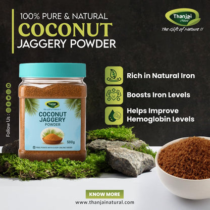 Thanjai Natural Coconut Jaggery Powder Unrefined | Organic - 100% Pure | No Preservatives | No Added Sugar | Traditional Village-Made | Healthy Sugar Alternative for Diabetes, Weight Loss