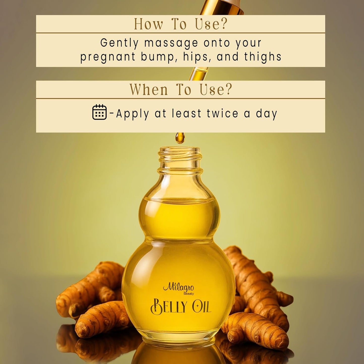 Belly oil bottle with turmeric roots and usage instructions on a reflective surface.