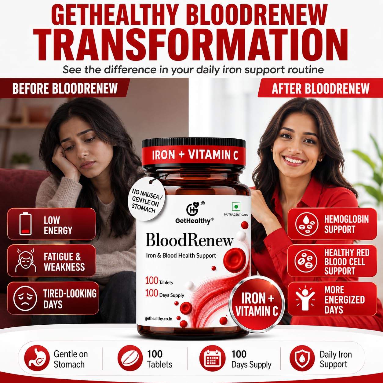 Advertisement for GetHealthy BloodRenew supplement showing before and after effects on a woman's health.
