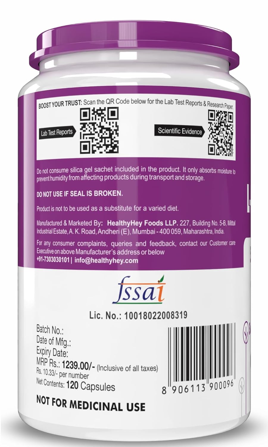 Supplement container with purple lid and white body displaying labels and text.