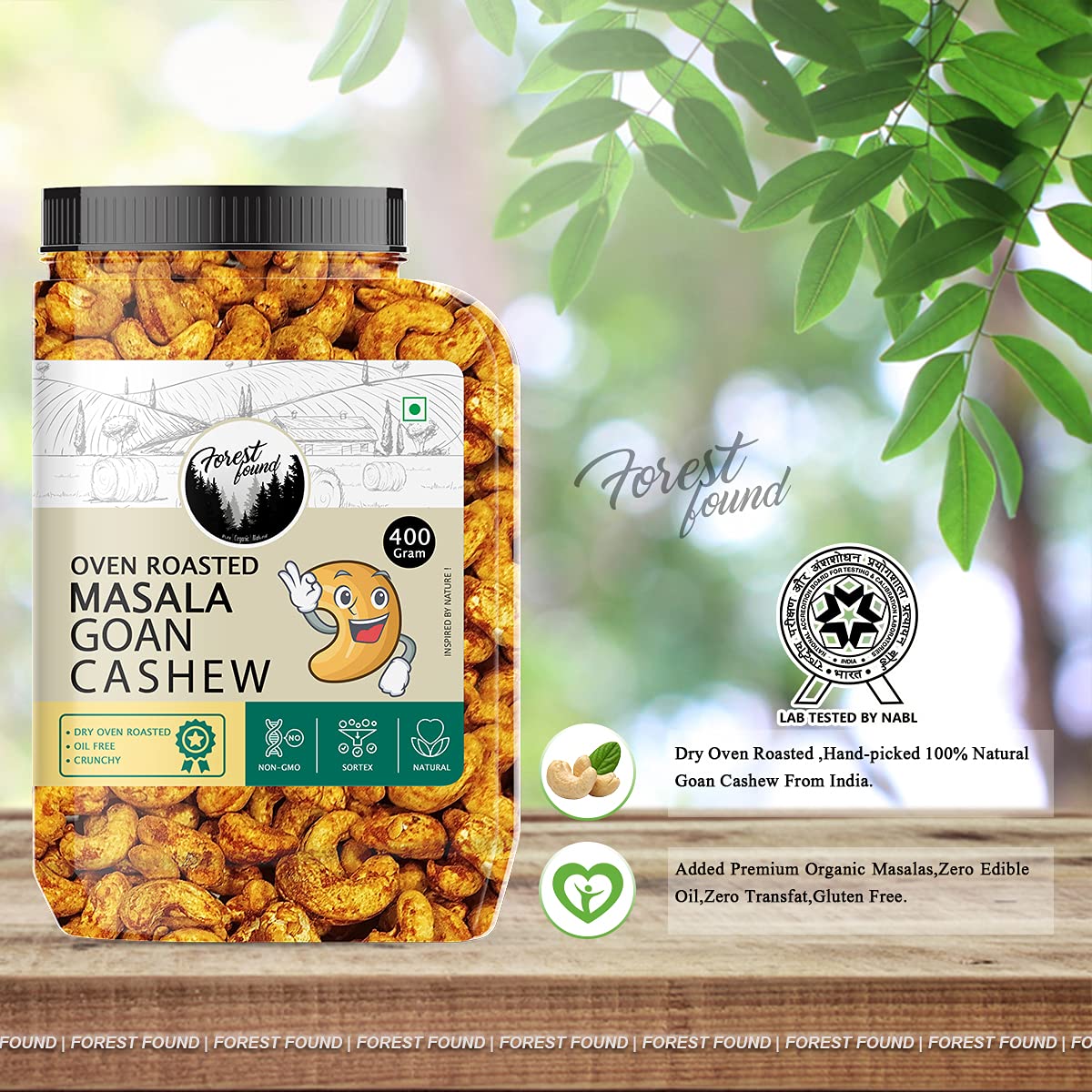 Forest Found Oven Roasted Chilly Masala Cashews (400g) – 100% Oil-Free & Non-Fried Kaju | Low Sodium Healthy Snack | Premium Crunchy Spicy Cashew Nuts