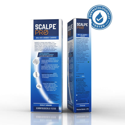 Two boxes of Scalpe Pro shampoo with a dermatologically tested badge on a white background