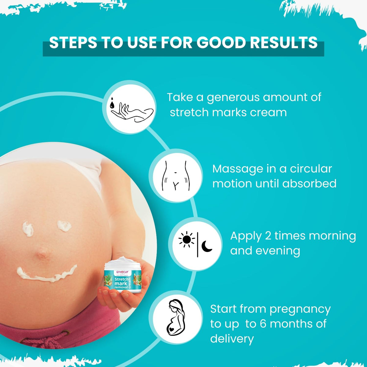 Instructions for using stretch marks cream on a pregnant belly with icons and text.